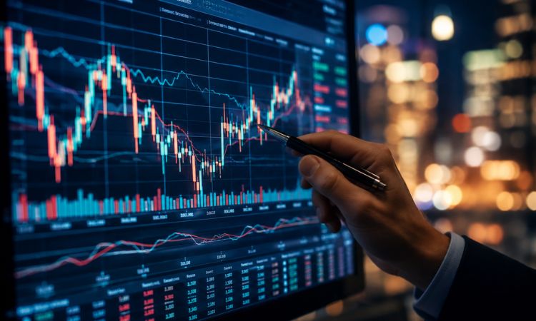 Profesional analizando gráficos bursátiles y datos financieros en una pantalla digital durante un proceso de análisis de mercados financieros e inversión.